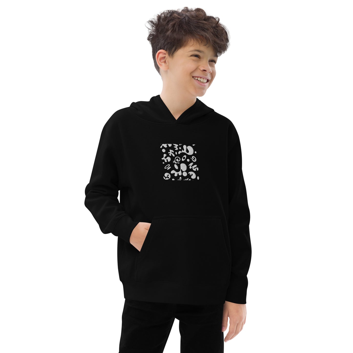 ADORN'D KIDS FLEECE HOODIE W WHITE EMBROIDERED FRONT + BACK PRINT