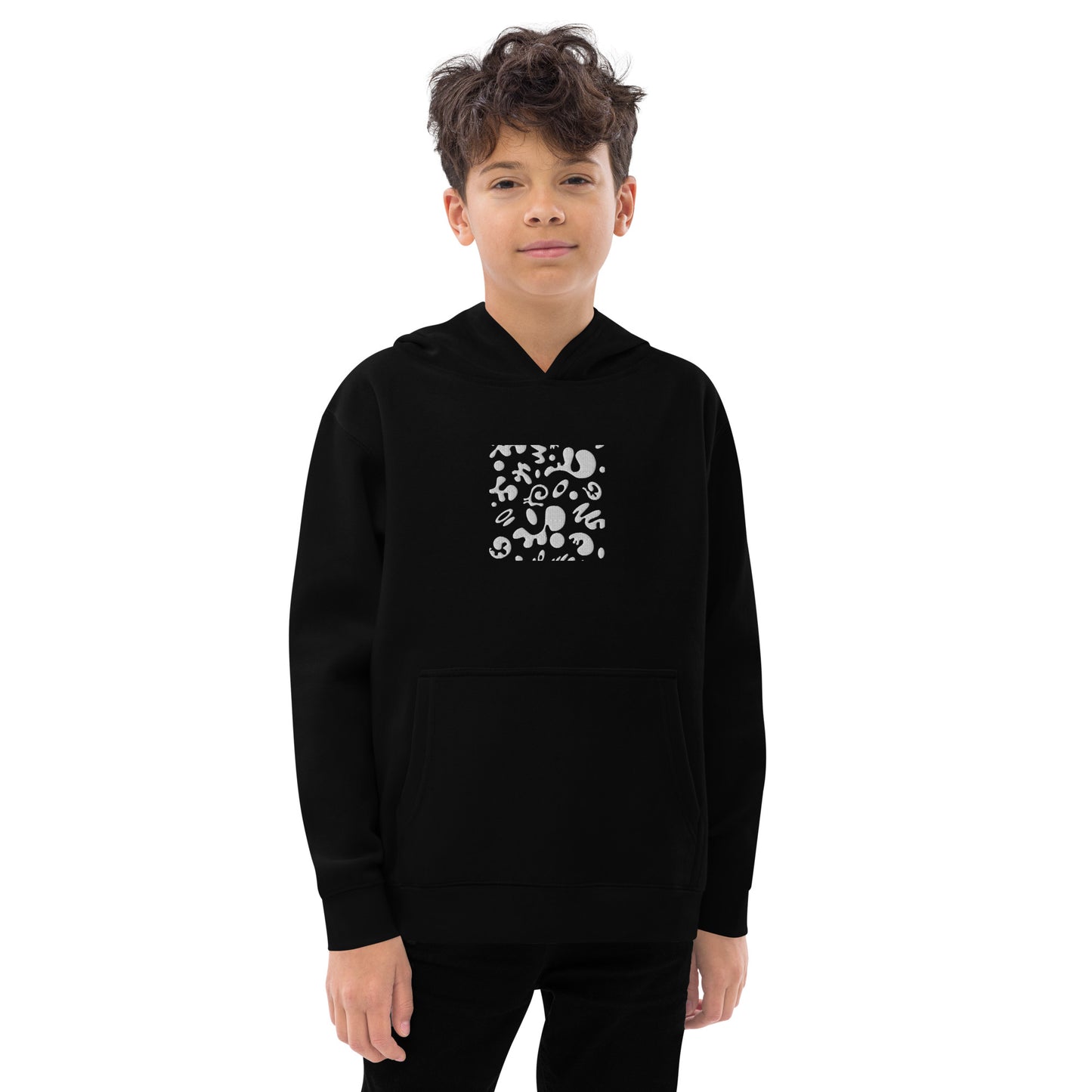 ADORN'D KIDS FLEECE HOODIE W WHITE EMBROIDERED FRONT + BACK PRINT