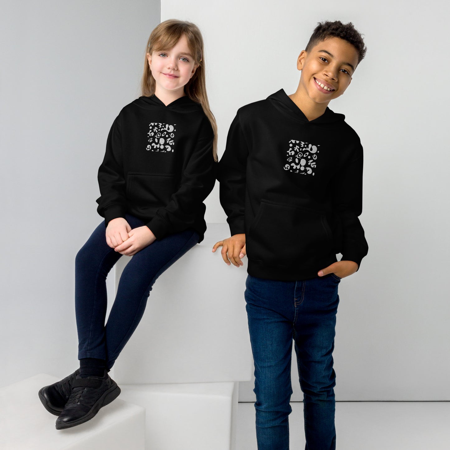 ADORN'D KIDS FLEECE HOODIE W WHITE EMBROIDERED FRONT + BACK PRINT