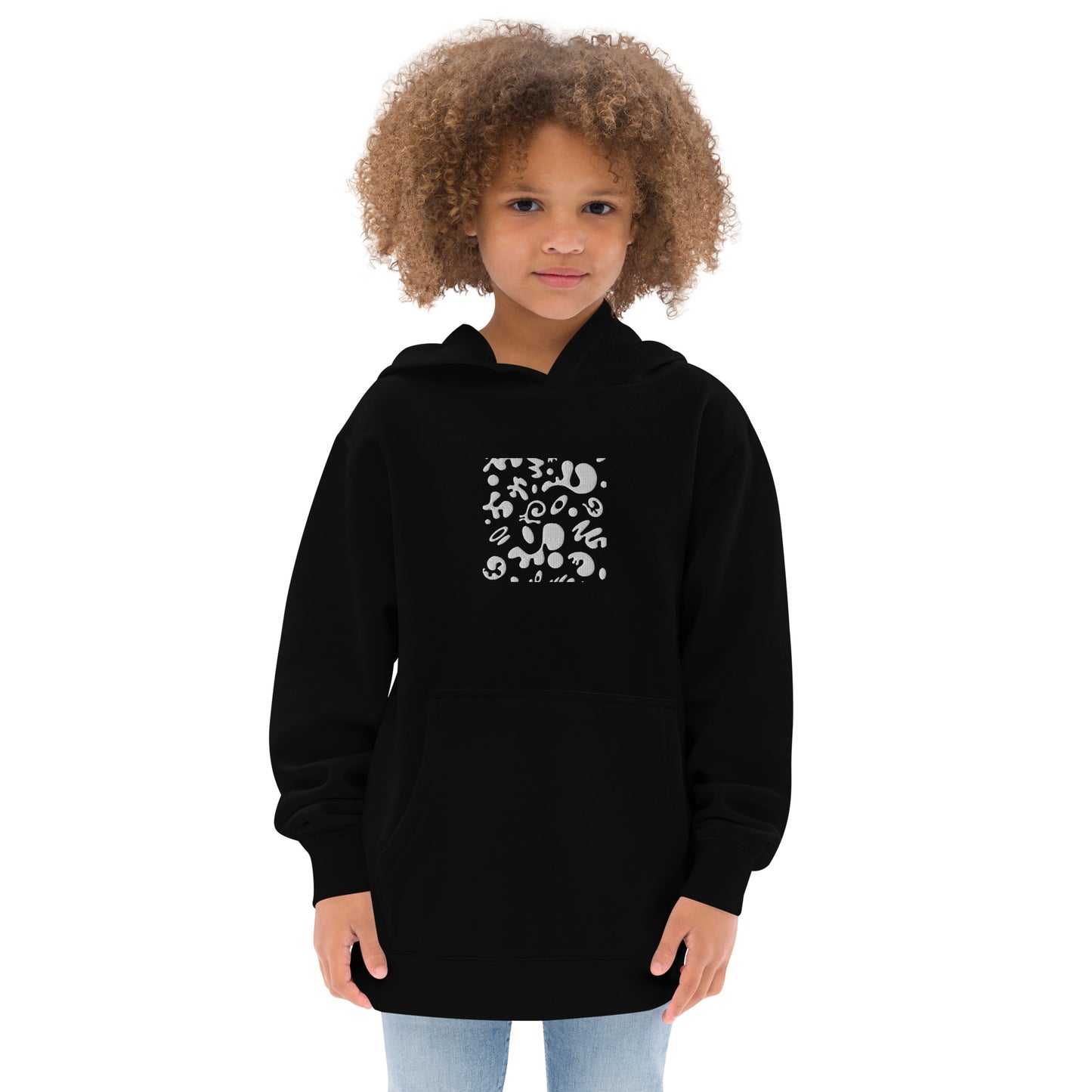 ADORN'D KIDS FLEECE HOODIE W WHITE EMBROIDERED FRONT + BACK PRINT