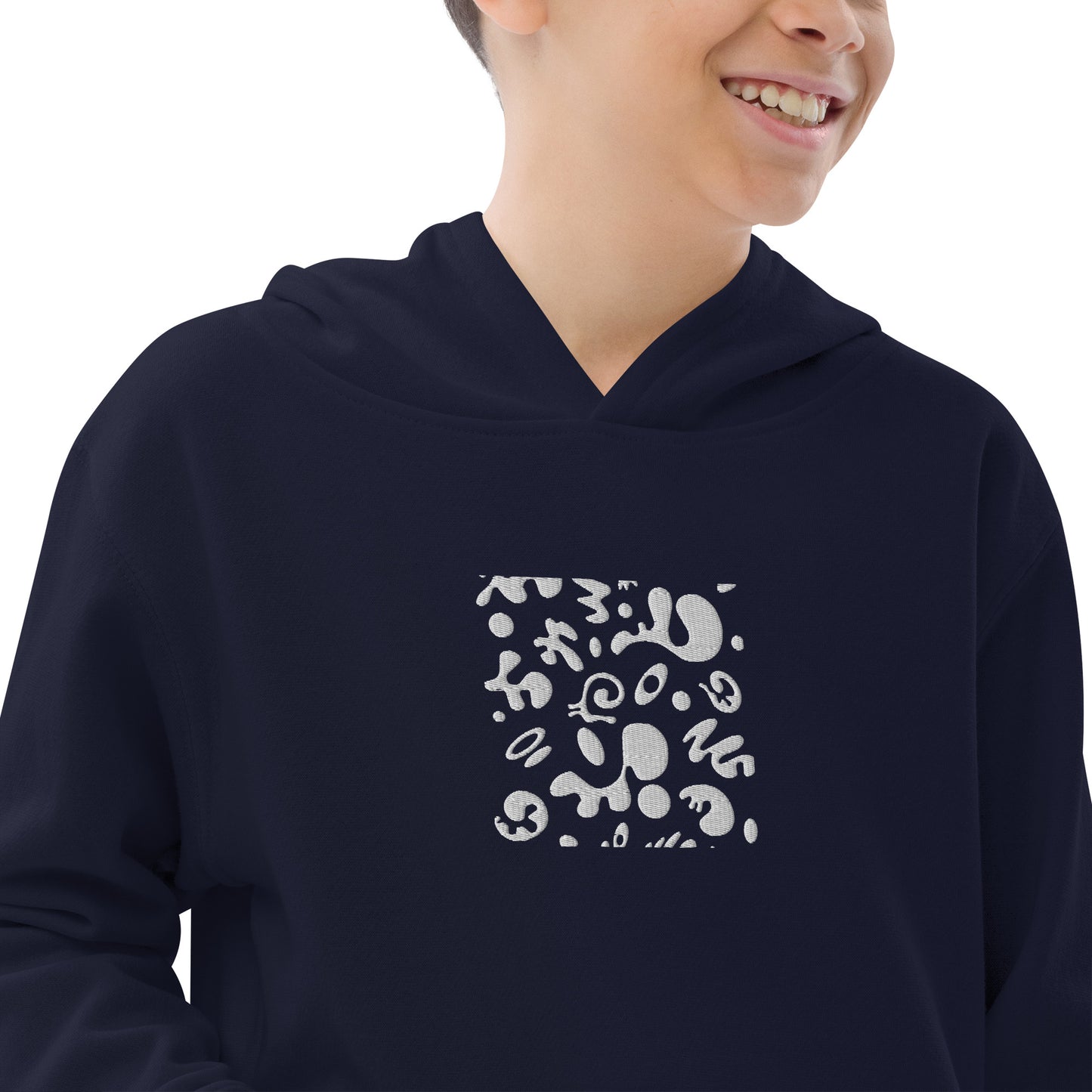 ADORN'D KIDS FLEECE HOODIE W WHITE EMBROIDERED FRONT + BACK PRINT