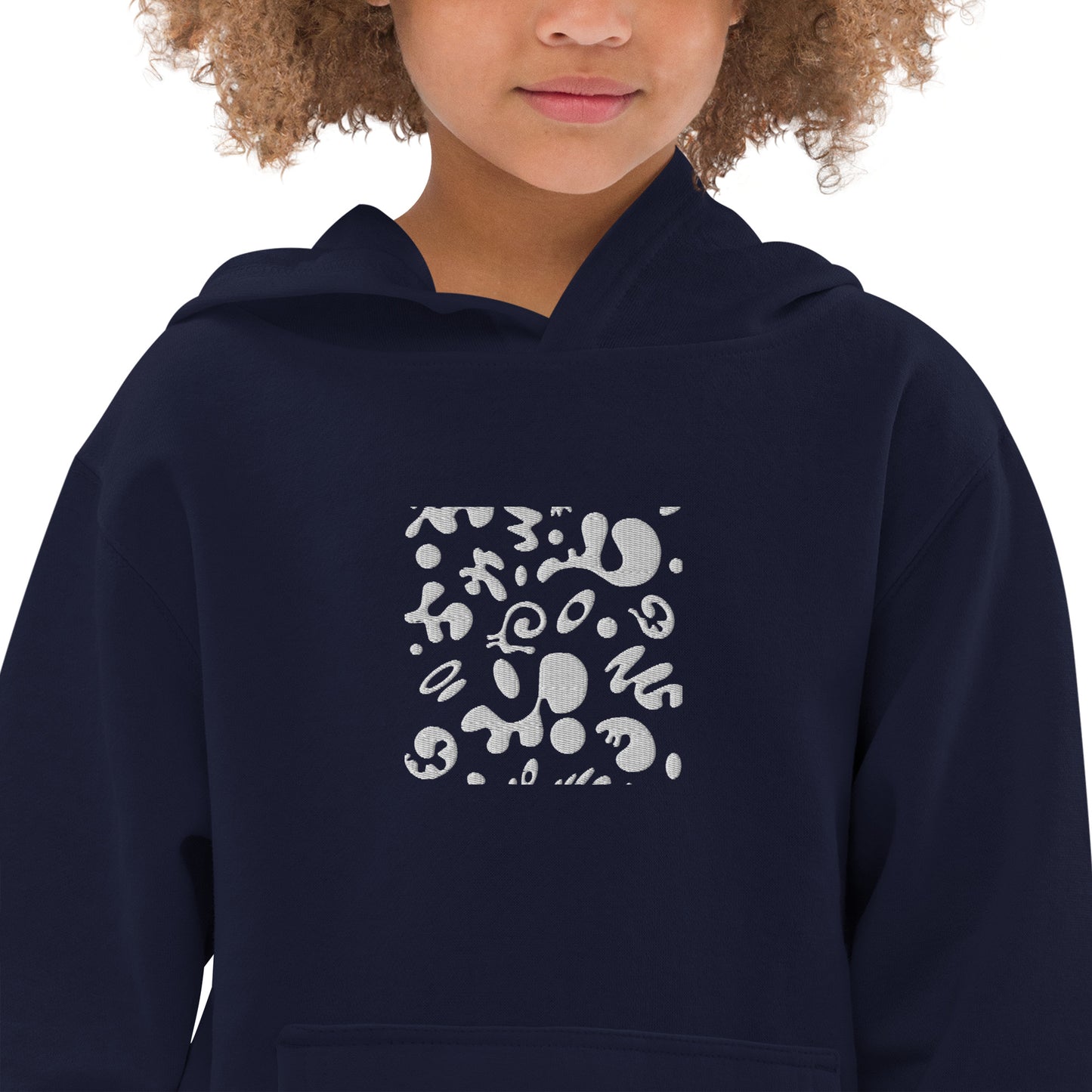 ADORN'D KIDS FLEECE HOODIE W WHITE EMBROIDERED FRONT + BACK PRINT