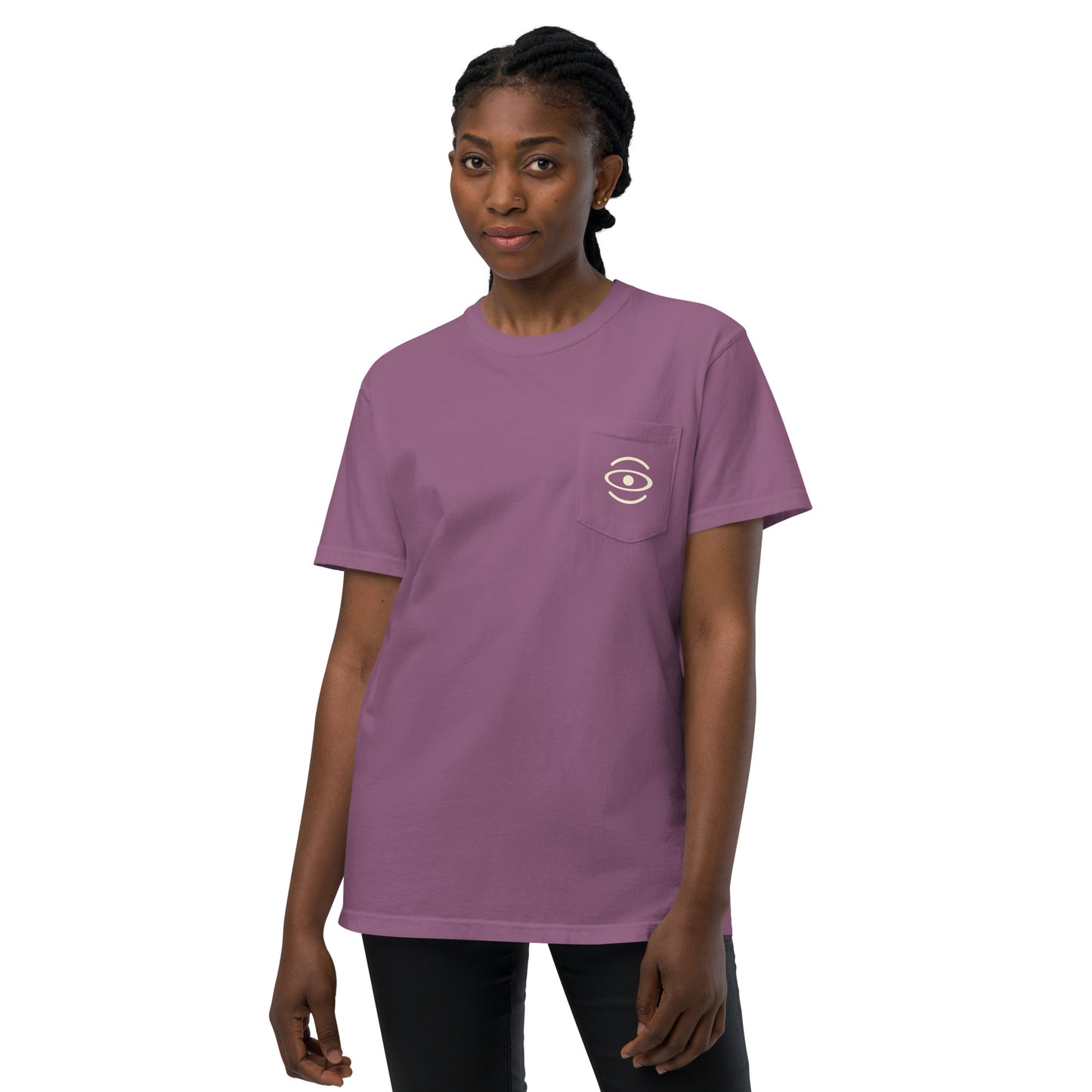 BRIGHT FUTURE UNISEX GARMENT-DYED POCKET T-SHIRT W WHITE LOGO + BACK PRINT