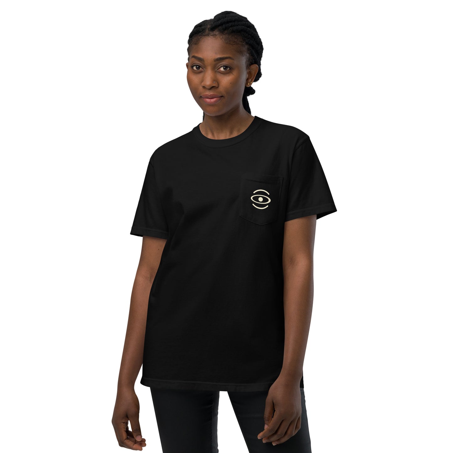 BRIGHT FUTURE UNISEX GARMENT-DYED POCKET T-SHIRT W WHITE LOGO + BACK PRINT