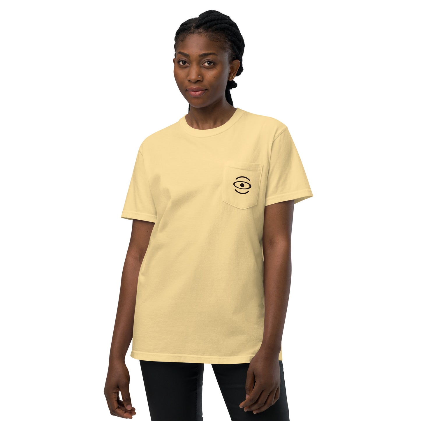 BRIGHT FUTURE UNISEX GARMENT-DYED POCKET T-SHIRT W BLACK FRONT LOGO + BACK PRINT