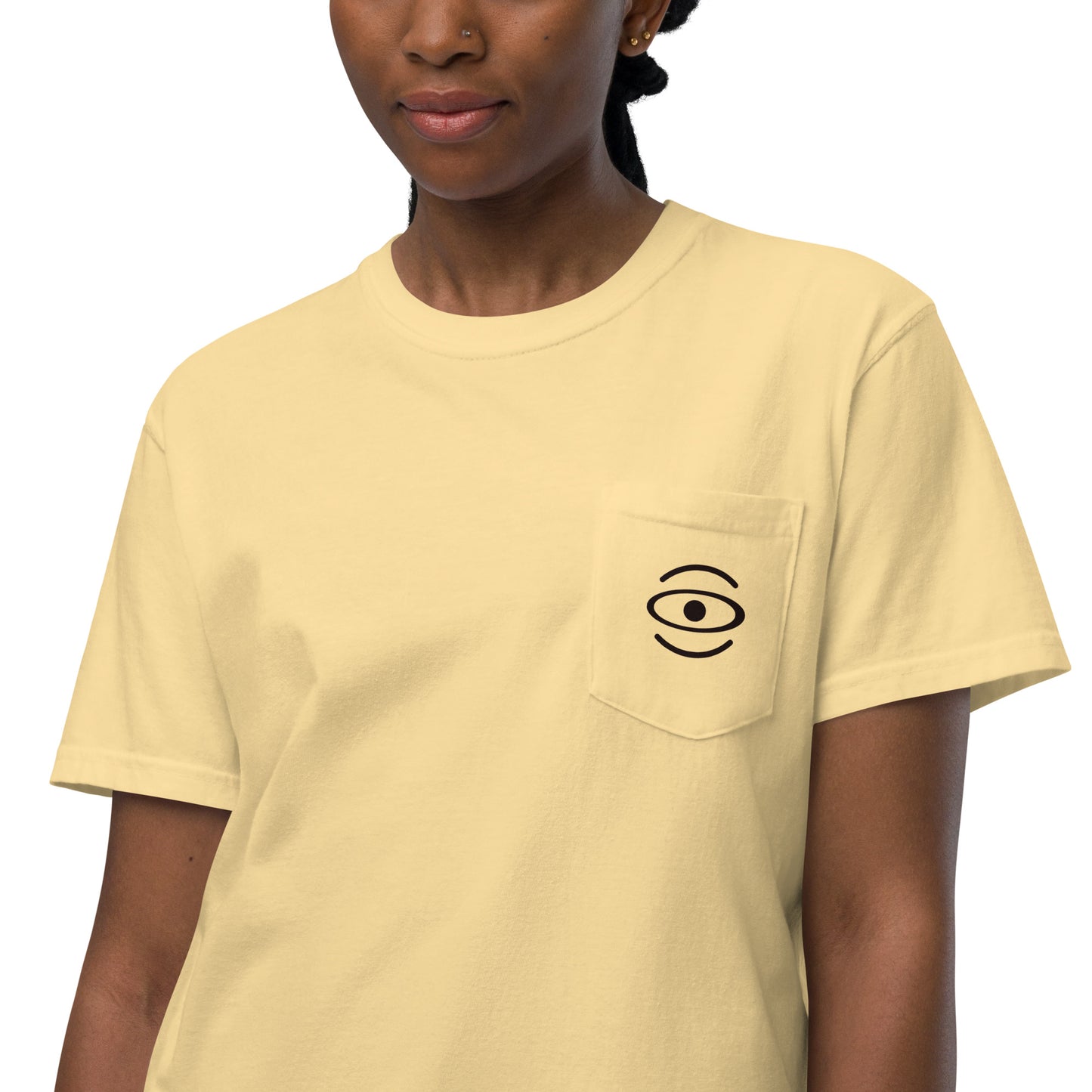 BRIGHT FUTURE UNISEX GARMENT-DYED POCKET T-SHIRT W BLACK FRONT LOGO + BACK PRINT