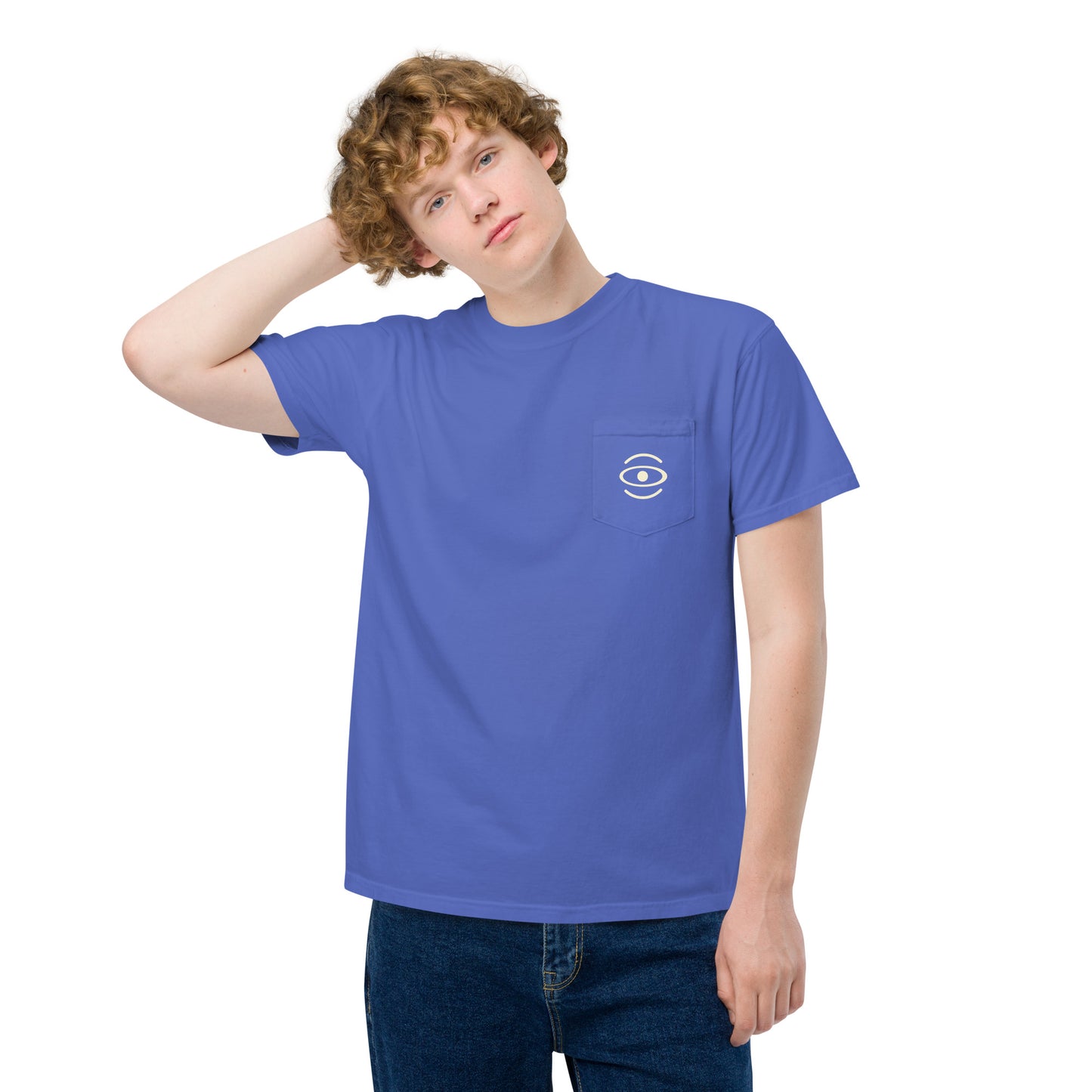 BRIGHT FUTURE UNISEX GARMENT-DYED POCKET T-SHIRT W WHITE LOGO + BACK PRINT