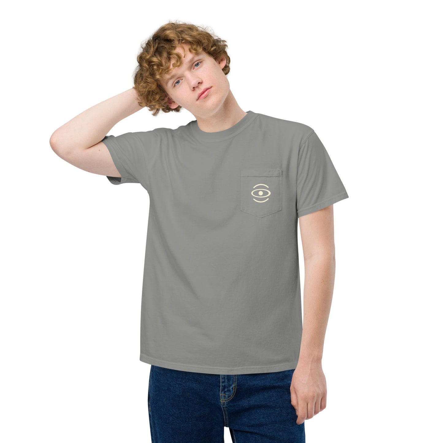 BRIGHT FUTURE UNISEX GARMENT-DYED POCKET T-SHIRT W WHITE LOGO + BACK PRINT