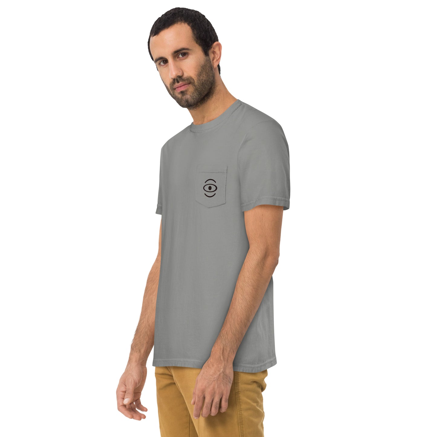 BRIGHT FUTURE UNISEX GARMENT-DYED POCKET T-SHIRT W BLACK FRONT LOGO + BACK PRINT