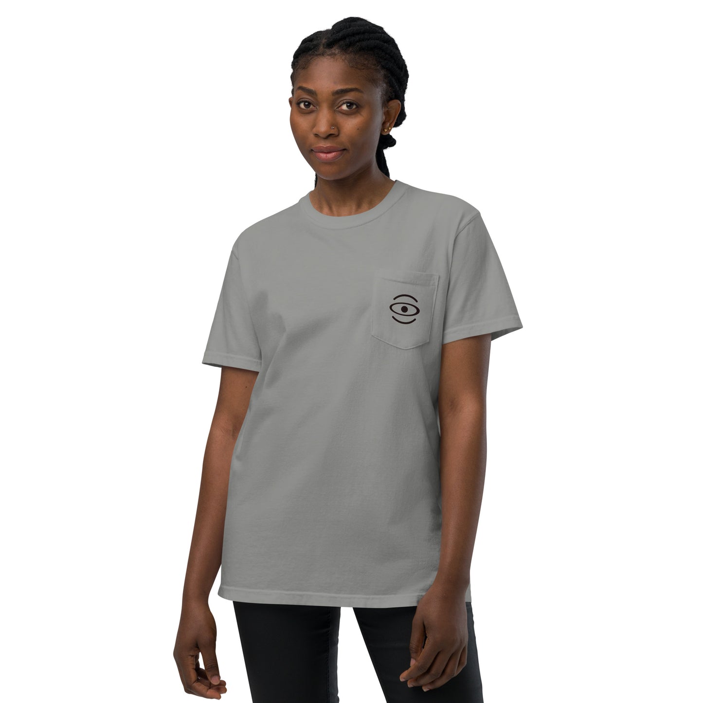 BRIGHT FUTURE UNISEX GARMENT-DYED POCKET T-SHIRT W BLACK FRONT LOGO + BACK PRINT