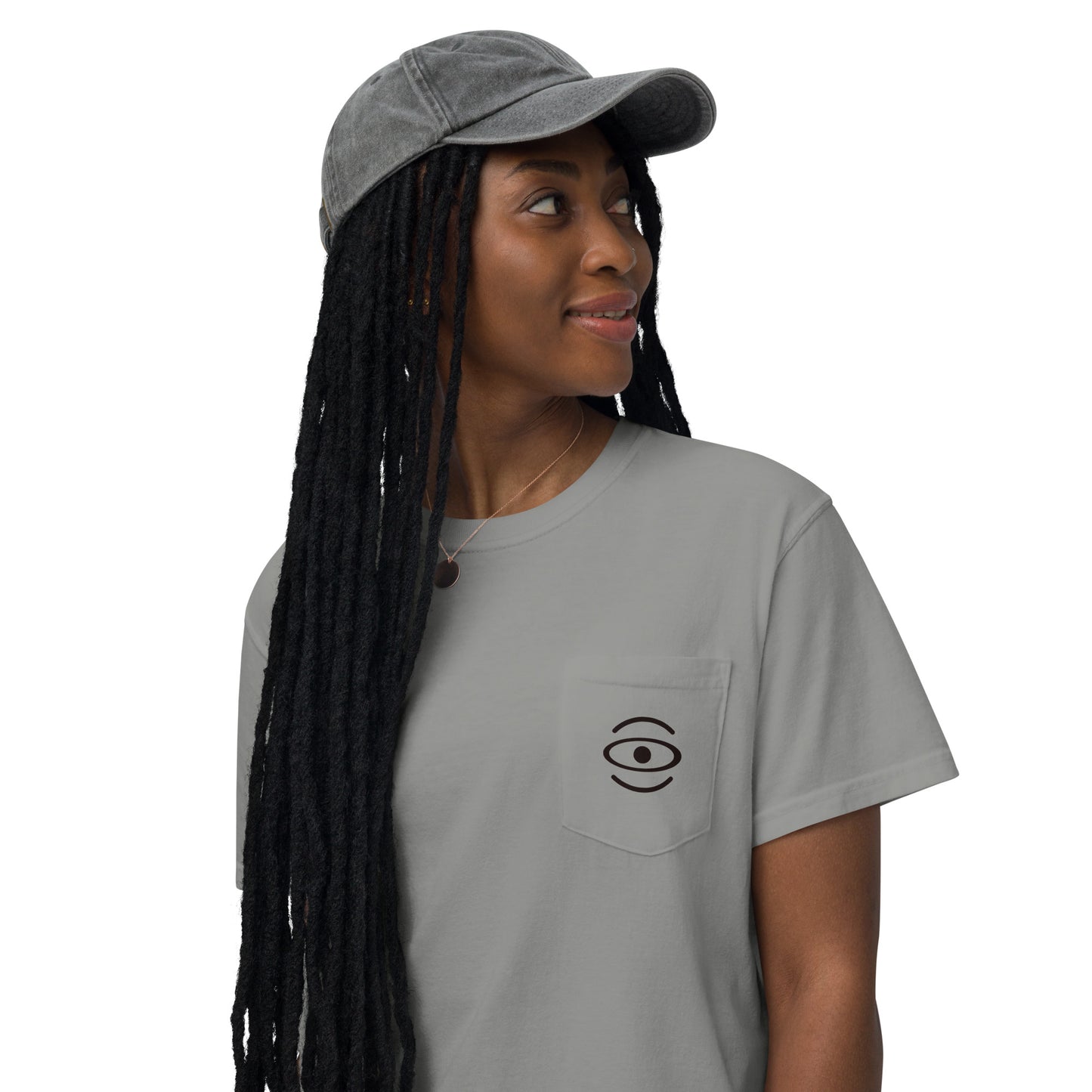 BRIGHT FUTURE UNISEX GARMENT-DYED POCKET T-SHIRT W BLACK FRONT LOGO + BACK PRINT