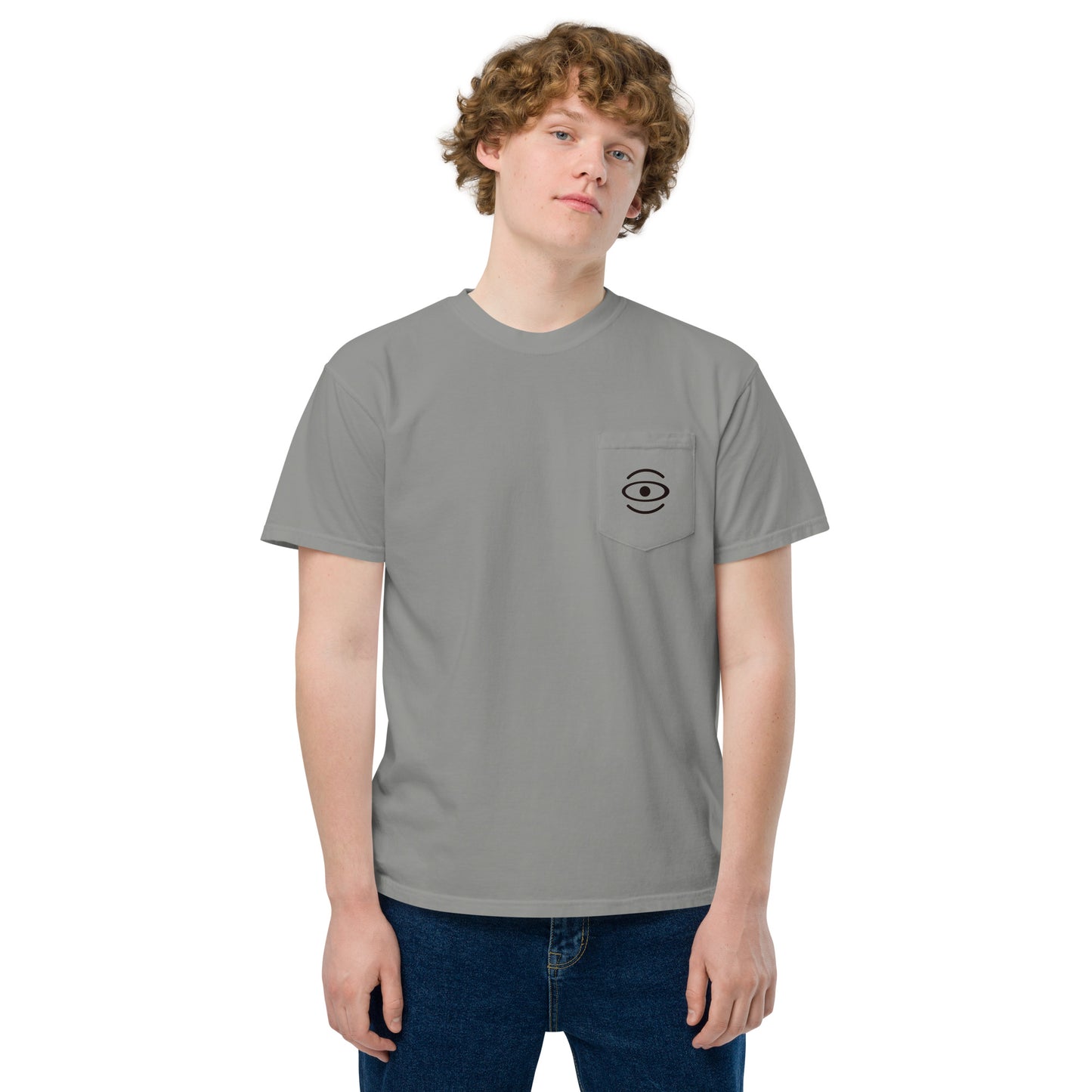 BRIGHT FUTURE UNISEX GARMENT-DYED POCKET T-SHIRT W BLACK FRONT LOGO + BACK PRINT