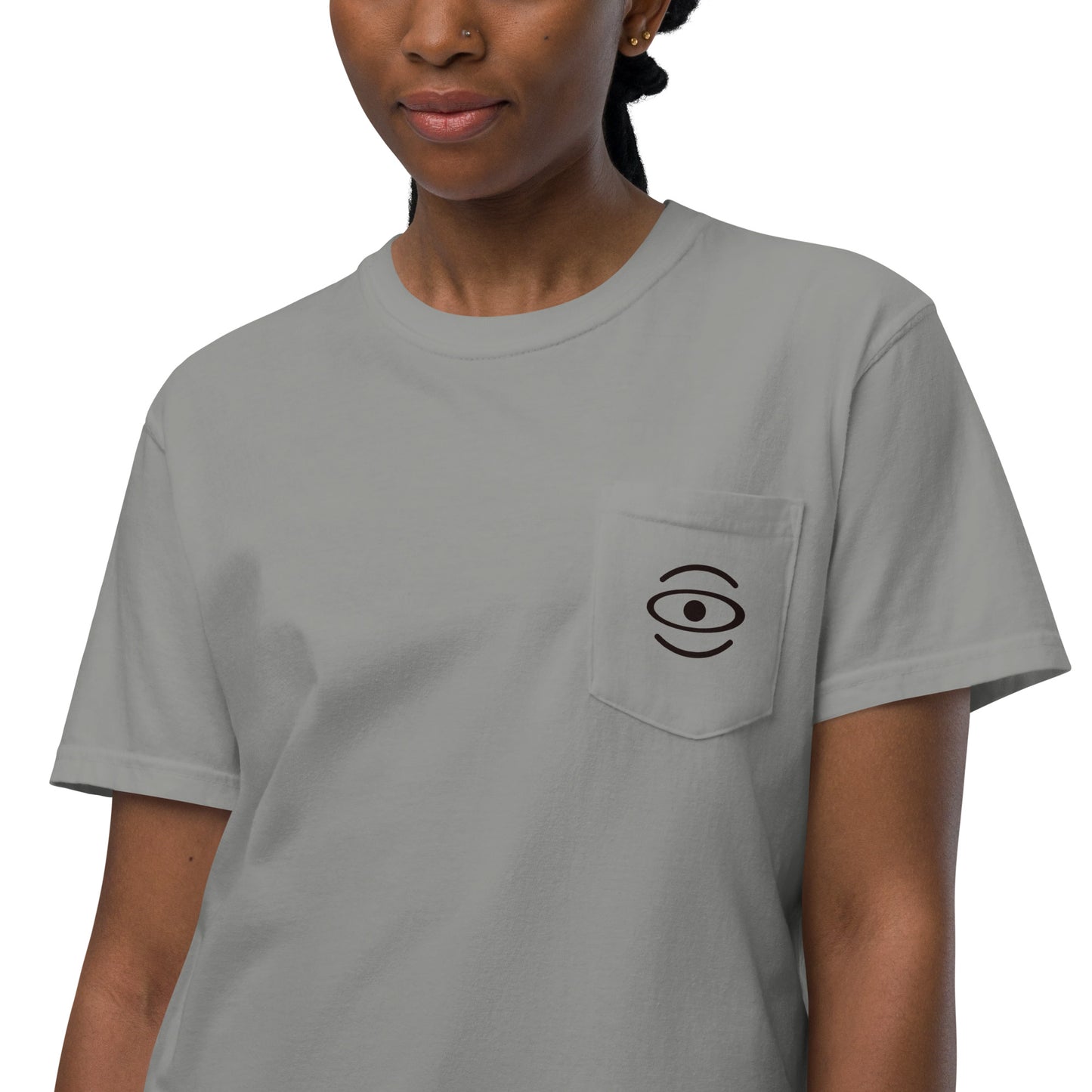 BRIGHT FUTURE UNISEX GARMENT-DYED POCKET T-SHIRT W BLACK FRONT LOGO + BACK PRINT