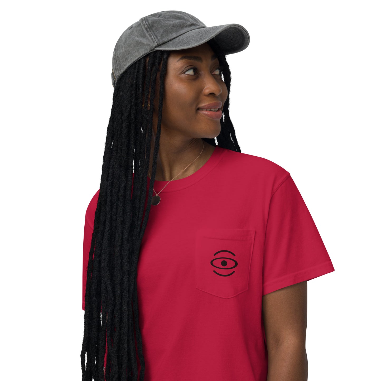 BRIGHT FUTURE UNISEX GARMENT-DYED POCKET T-SHIRT W BLACK FRONT LOGO + BACK PRINT