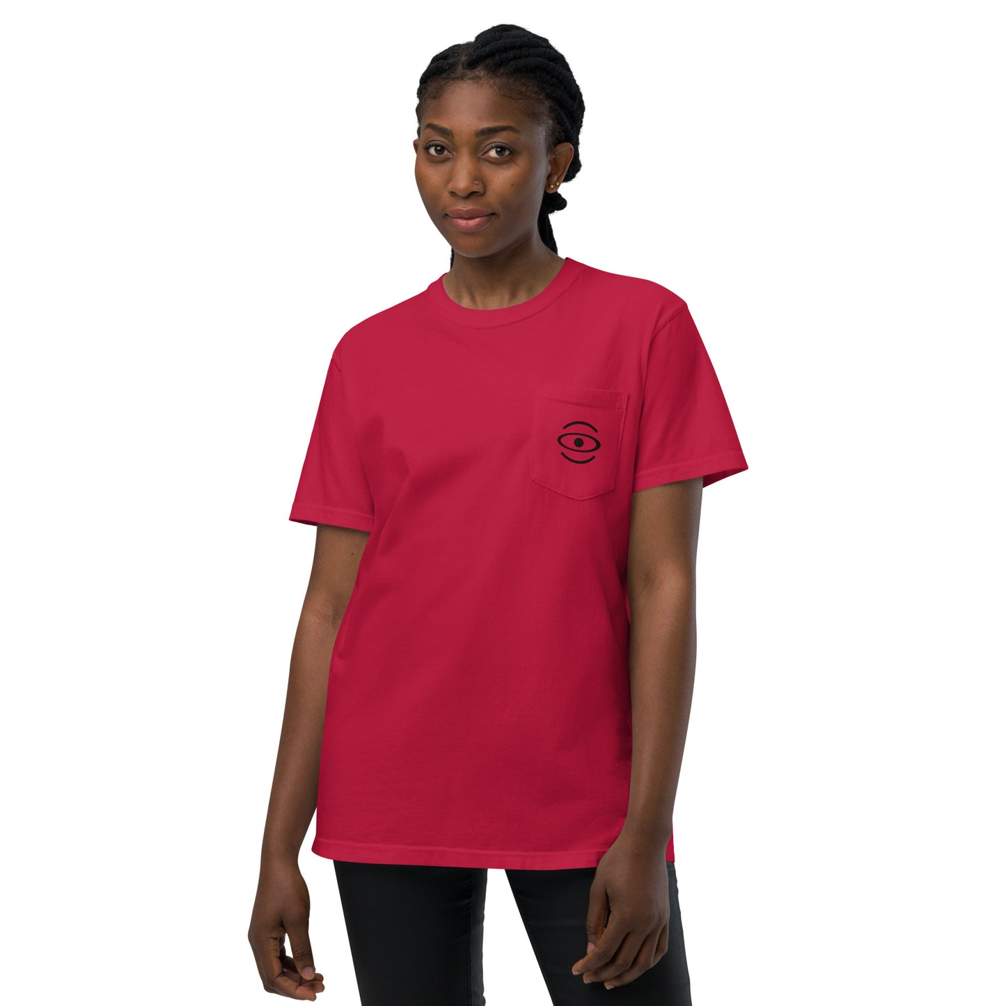 BRIGHT FUTURE UNISEX GARMENT-DYED POCKET T-SHIRT W BLACK FRONT LOGO + BACK PRINT