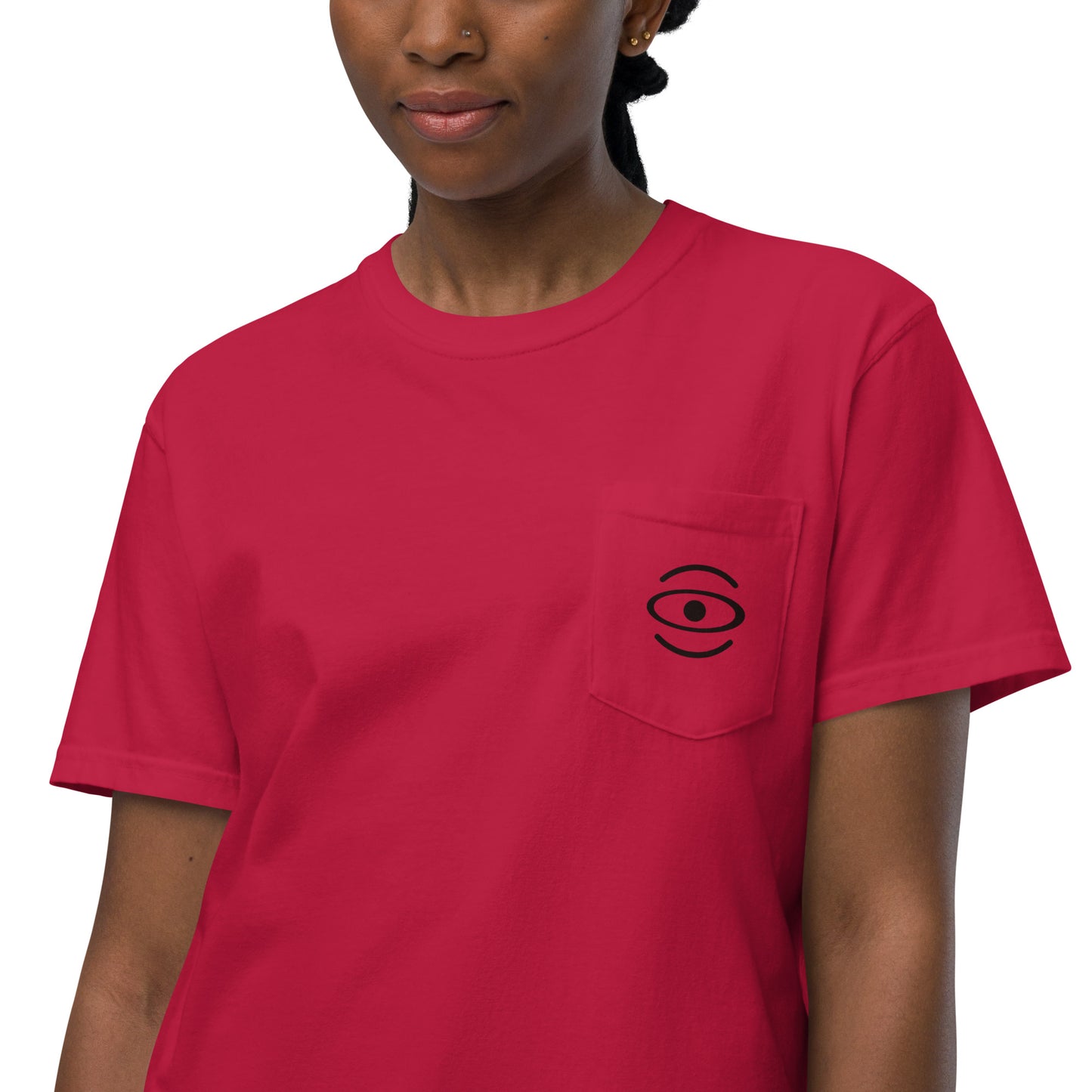 BRIGHT FUTURE UNISEX GARMENT-DYED POCKET T-SHIRT W BLACK FRONT LOGO + BACK PRINT