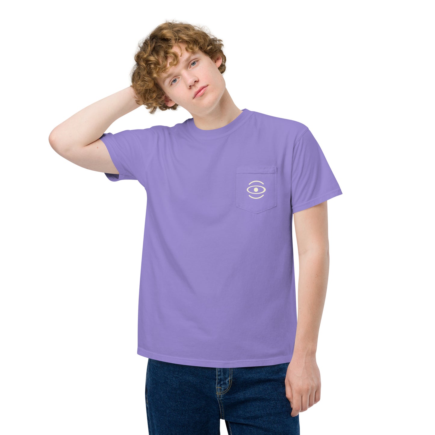 BRIGHT FUTURE UNISEX GARMENT-DYED POCKET T-SHIRT W WHITE LOGO + BACK PRINT