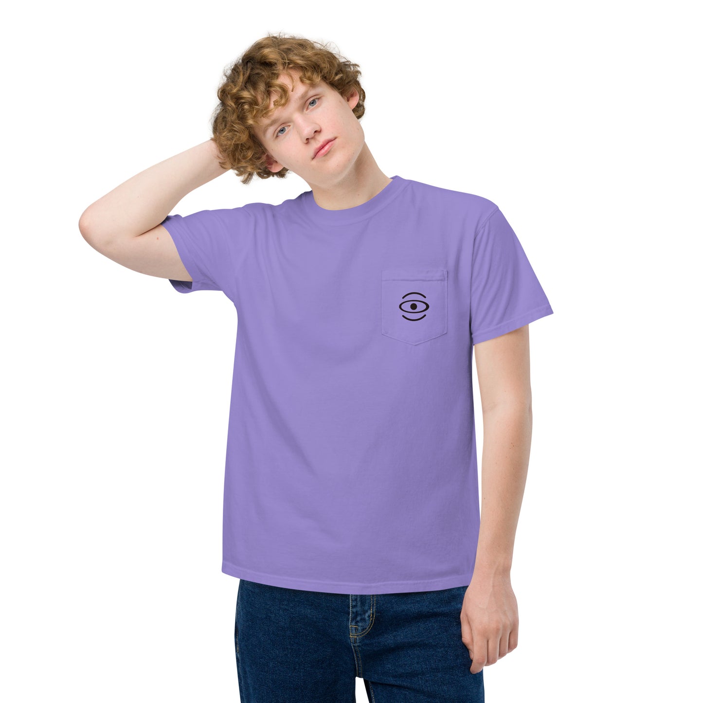 BRIGHT FUTURE UNISEX GARMENT-DYED POCKET T-SHIRT W BLACK FRONT LOGO + BACK PRINT