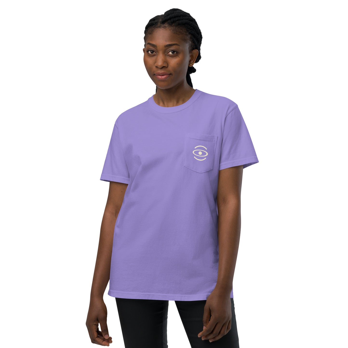 BRIGHT FUTURE UNISEX GARMENT-DYED POCKET T-SHIRT W WHITE LOGO + BACK PRINT