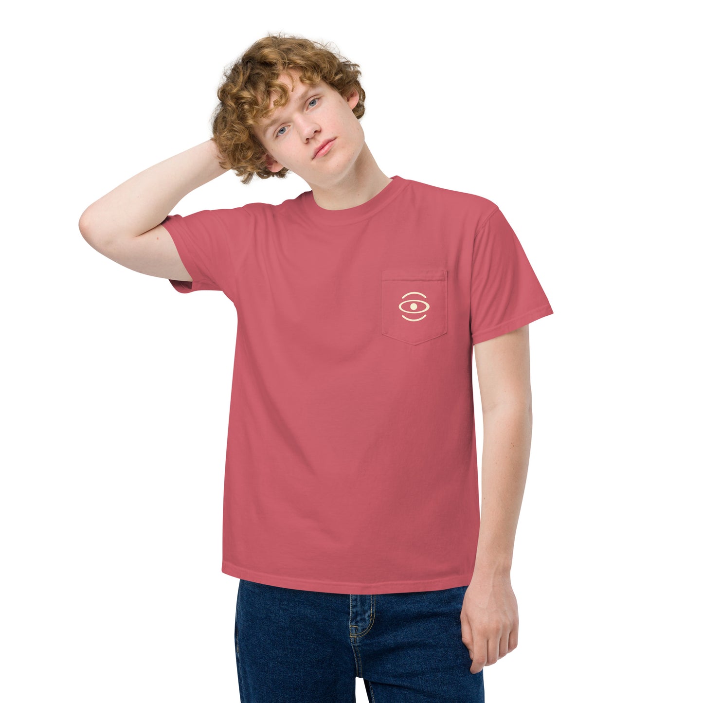 BRIGHT FUTURE UNISEX GARMENT-DYED POCKET T-SHIRT W WHITE LOGO + BACK PRINT