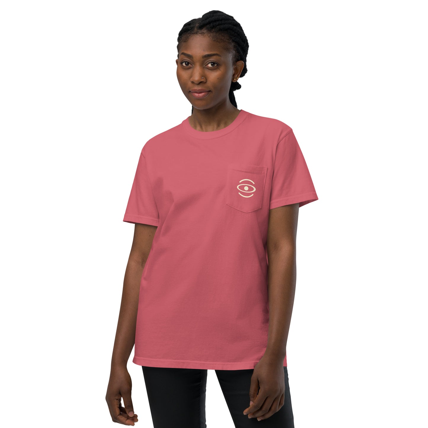 BRIGHT FUTURE UNISEX GARMENT-DYED POCKET T-SHIRT W WHITE LOGO + BACK PRINT