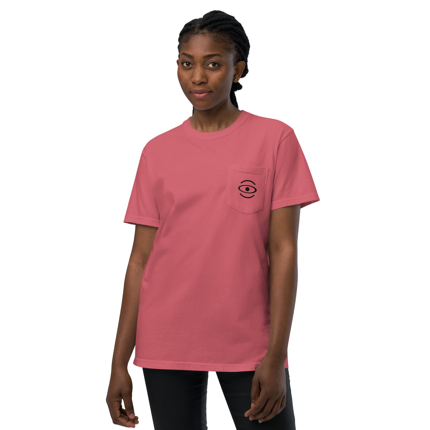 BRIGHT FUTURE UNISEX GARMENT-DYED POCKET T-SHIRT W BLACK FRONT LOGO + BACK PRINT