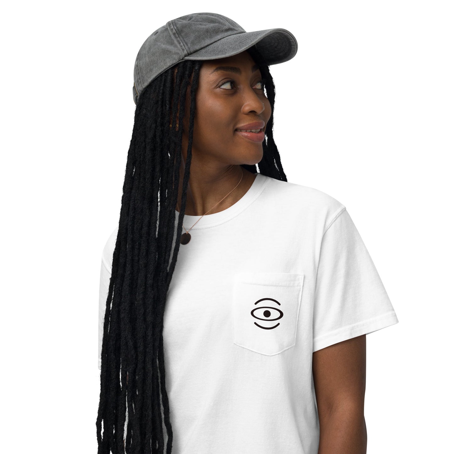 BRIGHT FUTURE UNISEX GARMENT-DYED POCKET T-SHIRT W BLACK FRONT LOGO + BACK PRINT