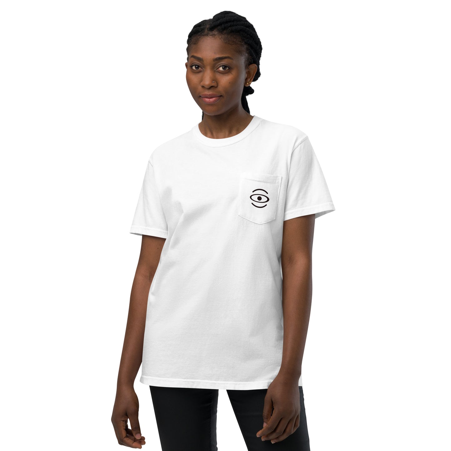 BRIGHT FUTURE UNISEX GARMENT-DYED POCKET T-SHIRT W BLACK FRONT LOGO + BACK PRINT