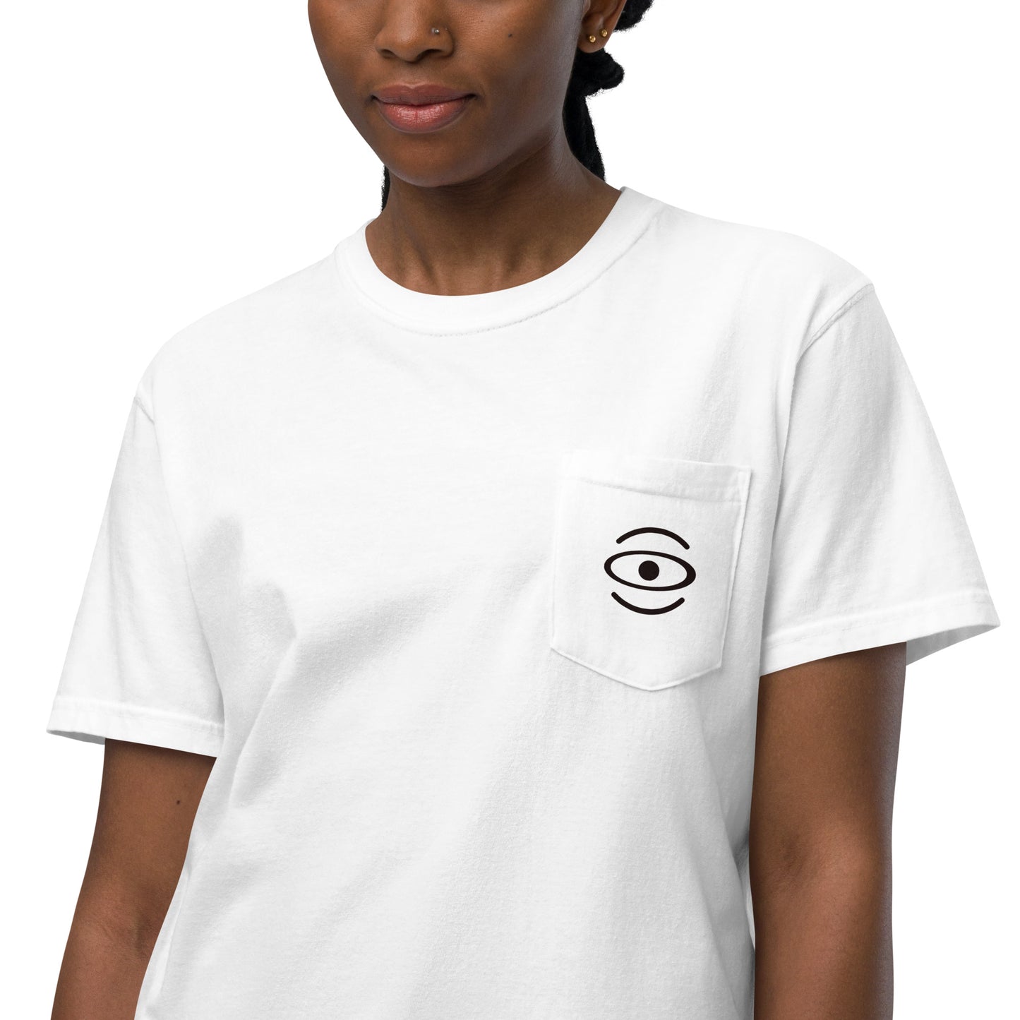 BRIGHT FUTURE UNISEX GARMENT-DYED POCKET T-SHIRT W BLACK FRONT LOGO + BACK PRINT